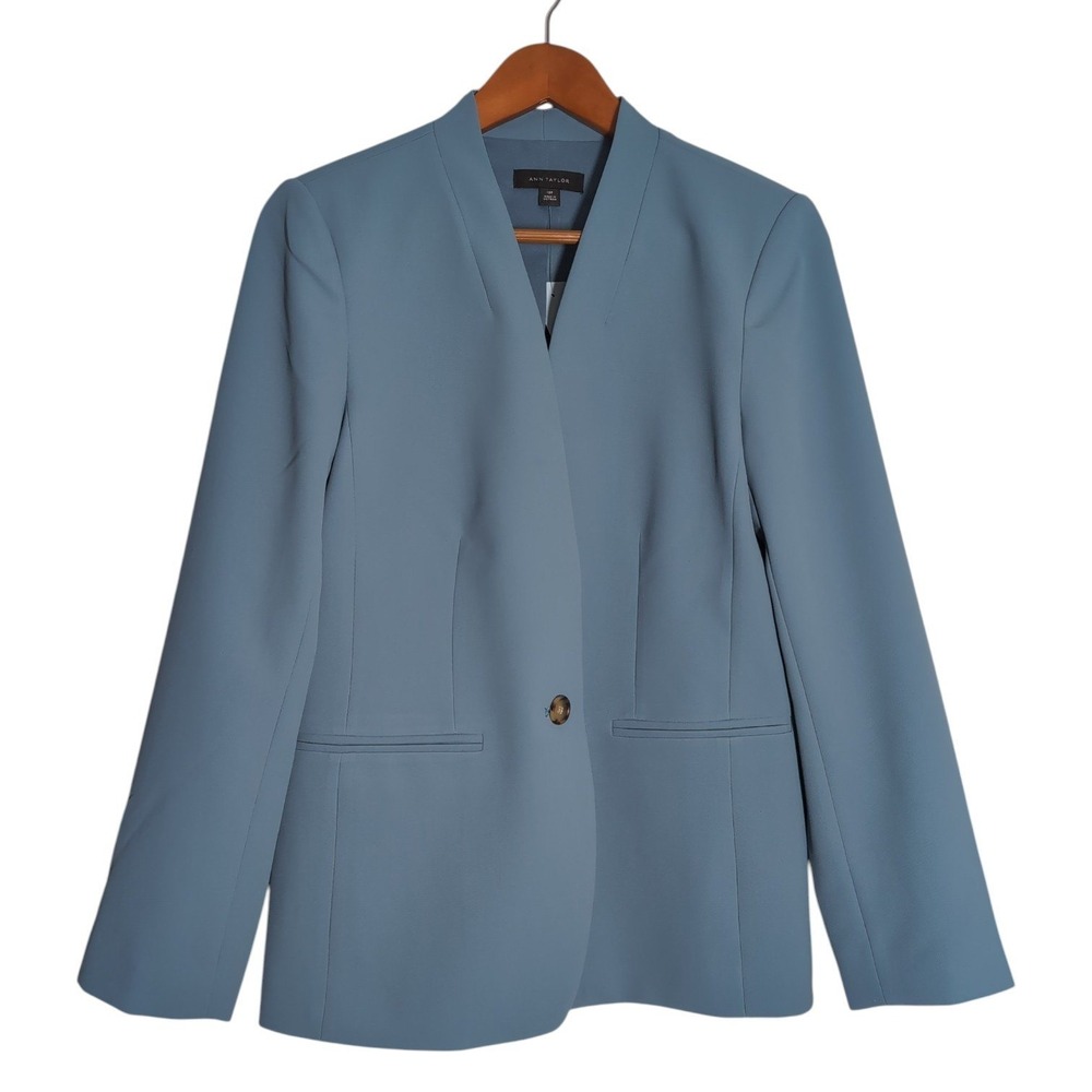 Ann Taylor Blazer Women 12P Blue V-Neck Career Interview Professional Workwear